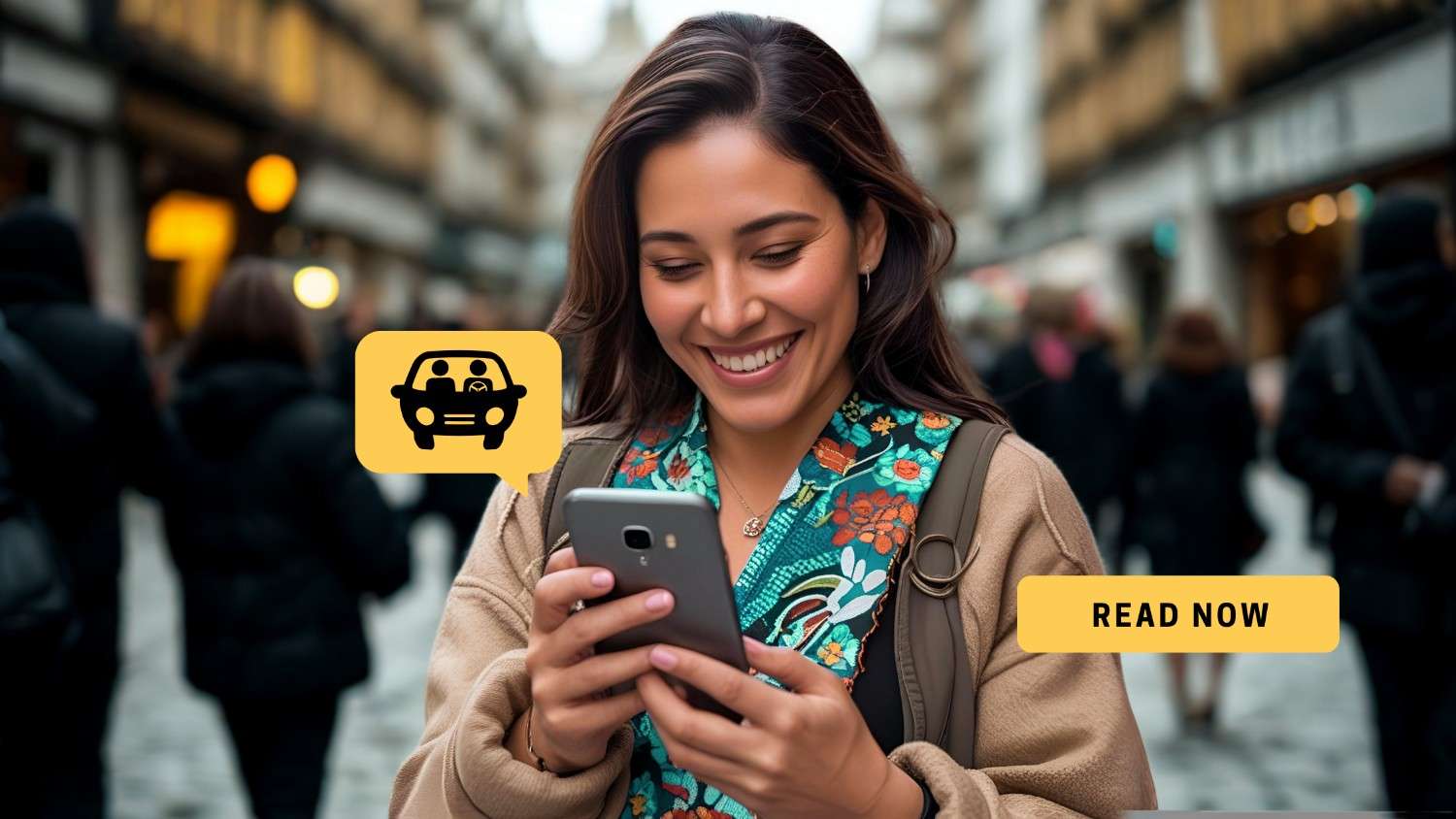 Woman using Uber via eSIM data while traveling internationally.