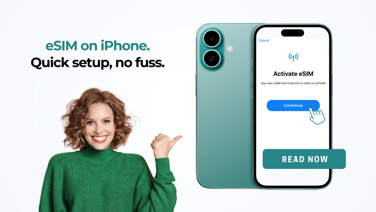 Woman in green sweater points to green iPhone with eSIM setup screen; text reads “eSIM on iPhone. Quick setup, no fuss.” and button says “Read Now”.