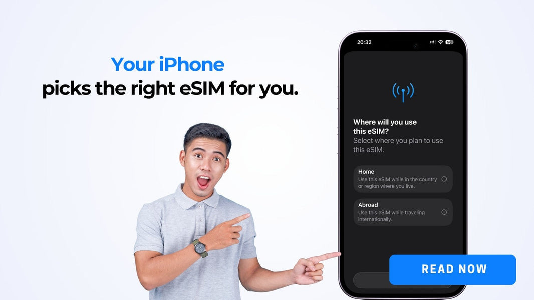 A man points at an iPhone screen with the headline, "Your iPhone picks the right eSIM for you." The screen shows options to set up an eSIM for "Home" or "Abroad."