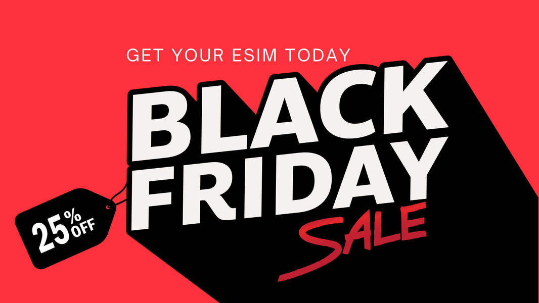 Red and black banner advertising a "BLACK FRIDAY SALE," with a price tag showing "25% OFF" and the call to action "GET YOUR ESIM TODAY."