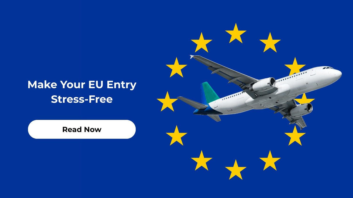 Airplane flying over the European Union flag design, illustrating the new EU Entry/Exit System (EES).