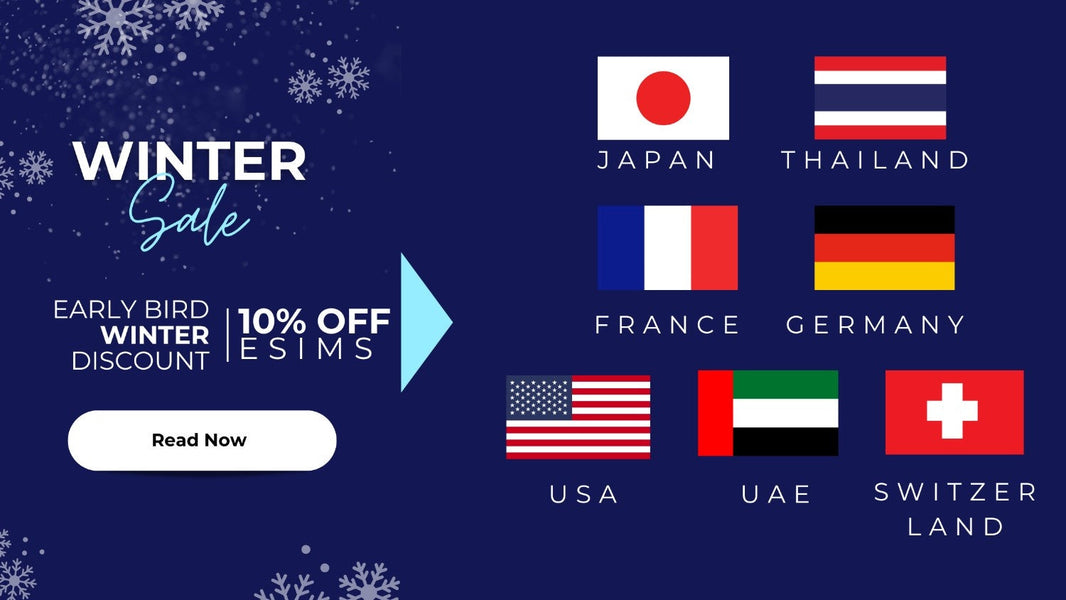 Early Bird Winter Sale advertisement offering 10% off eSIMs for popular travel destinations, including Japan, Thailand, France, Germany, USA, UAE, and Switzerland.