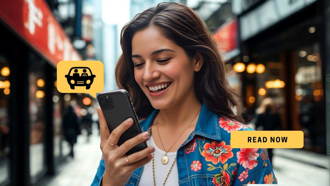 Smiling woman on city street uses phone; eSIM enables instant Uber booking.