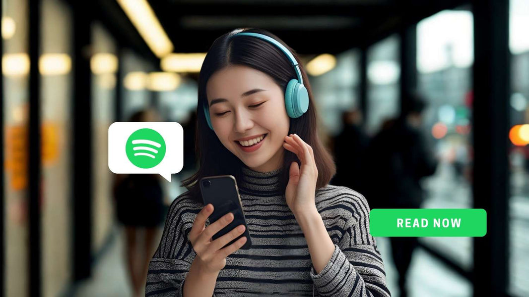 Woman with headphones using Spotify on her phone, illustrating data usage while streaming.