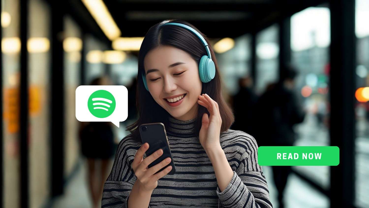 Woman with headphones using Spotify on her phone, illustrating data usage while streaming.