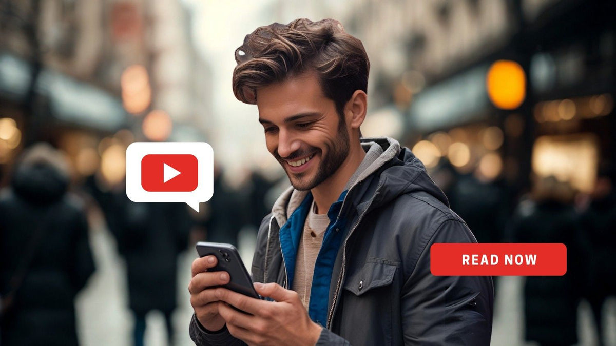 Smiling man on a busy street watching YouTube on his phone, with a YouTube logo and a "READ NOW" button.