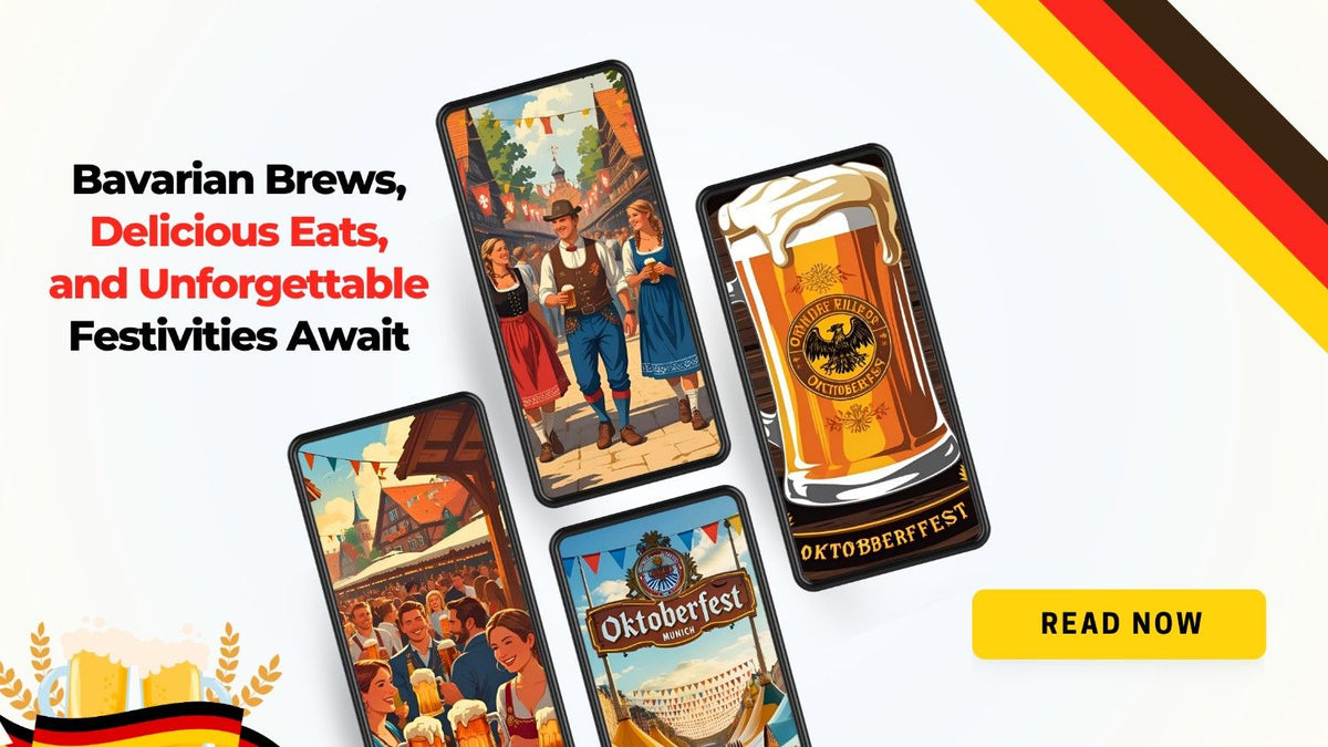 A promotional image for Oktoberfest featuring four vertical phone screens with illustrations of people in traditional Bavarian clothes, beer steins, and the festival grounds. 