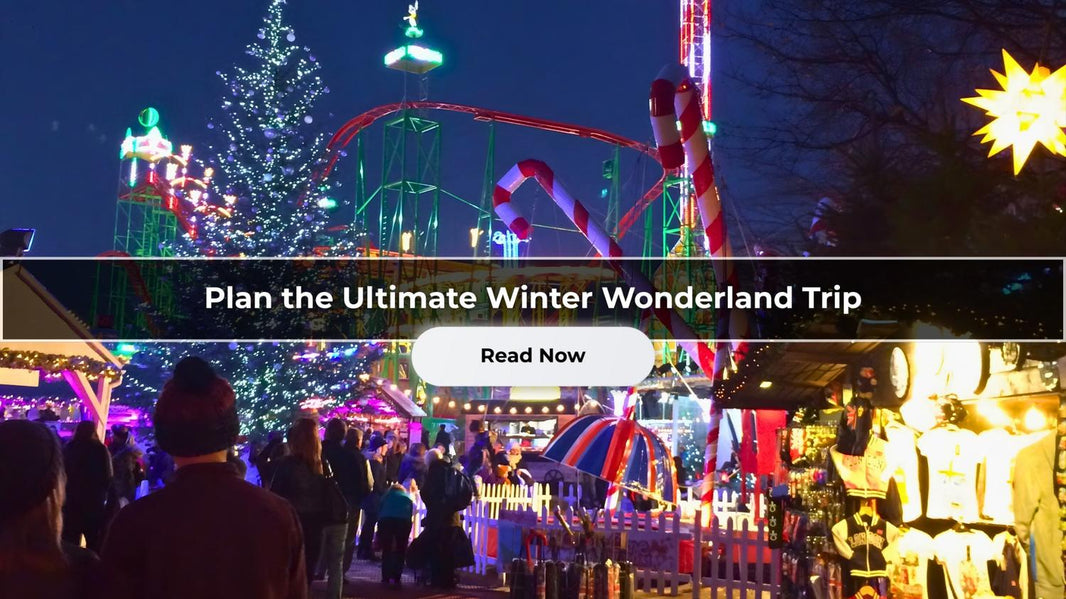 Blog banner image for a Winter Wonderland guide, showing the festive market, a Christmas tree, and bright rides at night in London.