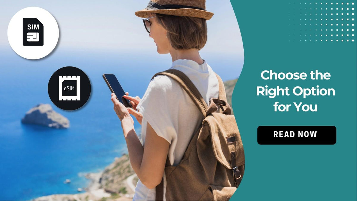 Traveler checking her phone by scenic coast with SIM and eSIM icons; text says "Choose the Right Option for You. Read Now."