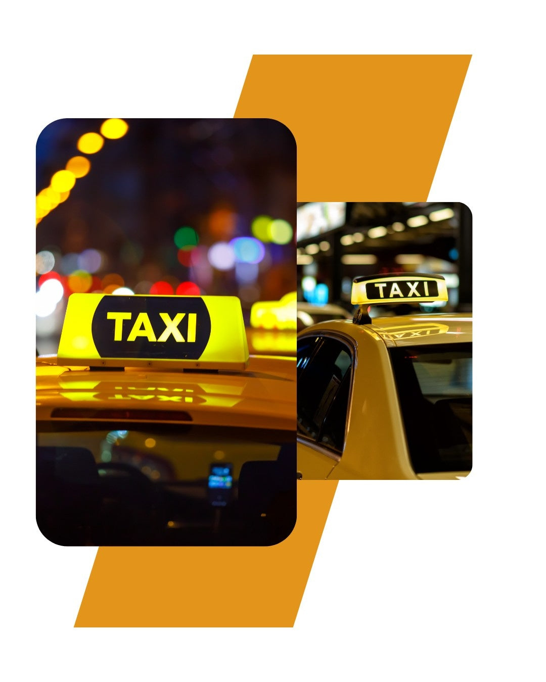 Two images of yellow taxi signs on car roofs, one a close-up at night with blurred city lights and the other a side view, both representing the Taxi eSIM Affiliate Program.