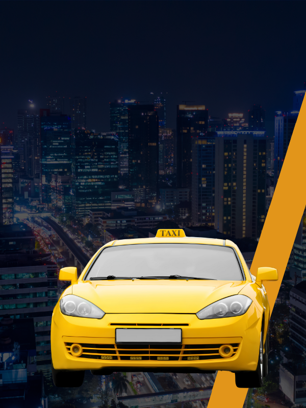 A yellow taxi cab in the foreground against a dark, blurred city skyline at night, with a diagonal orange stripe on the right, representing a Taxi eSIM Affiliate Program.