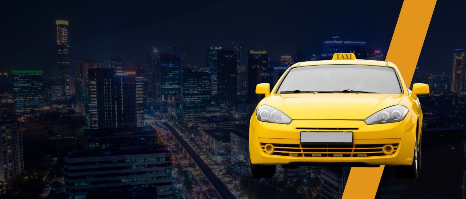 A yellow taxi cab in the foreground against a dark, blurred city skyline at night, with a diagonal orange stripe on the right, representing a Taxi eSIM Affiliate Program.