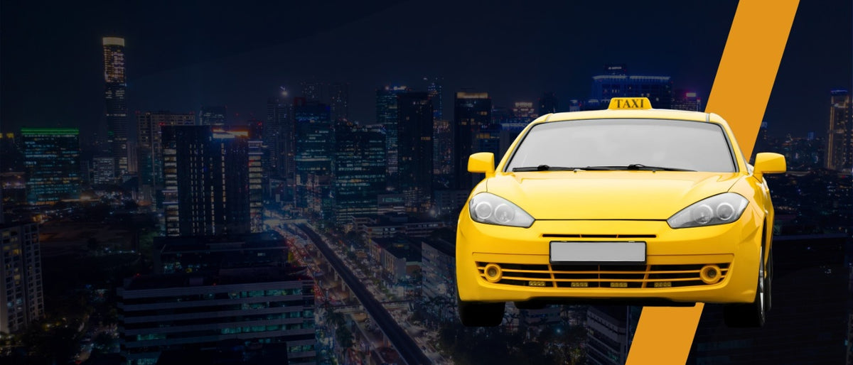 A yellow taxi cab in the foreground against a dark, blurred city skyline at night, with a diagonal orange stripe on the right, representing a Taxi eSIM Affiliate Program.